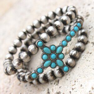 Turquoise Semi Stone Cross Navajo Pearl Stretch Triple Row Silver Bracelet